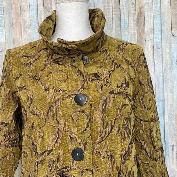 Cut Loose M Jacquard Brocade Button Jacket Blazer Green Gold Boho Lagenlook - Picture 3 of 8